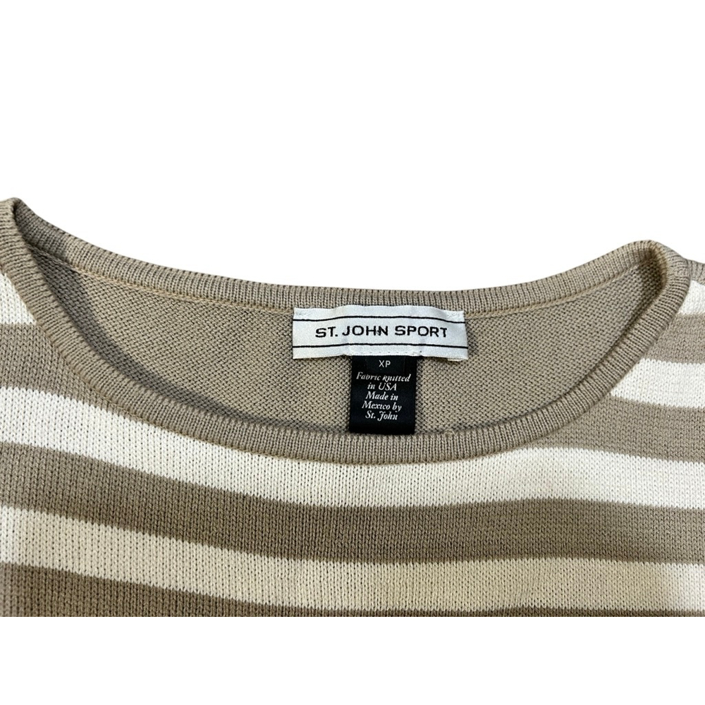 ST. JOHN SPORT Petite Long Sleeve Tee XSP Beige White Striped - Picture 3 of 7